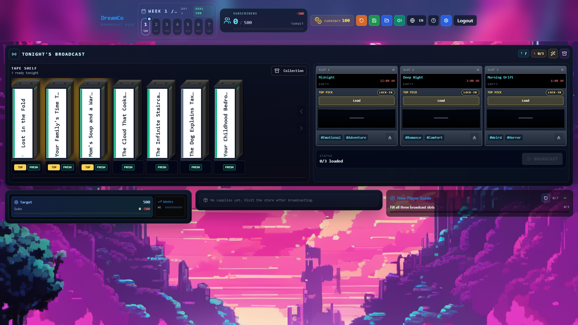 Dream tape shelf screenshot from Dream Broadcast Simulator